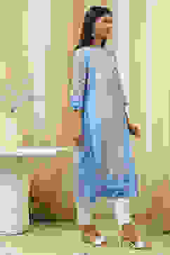 Blue and White Cotton Printed Straight Kurta image number 3