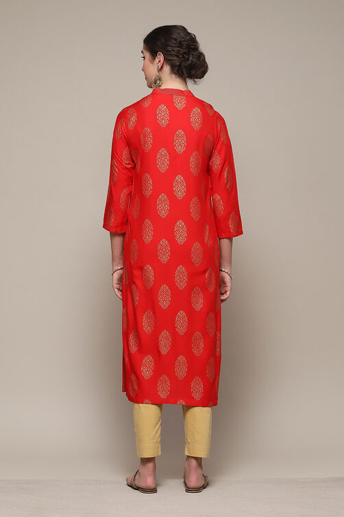 Red LIVA Straight Printed Kurta image number 4