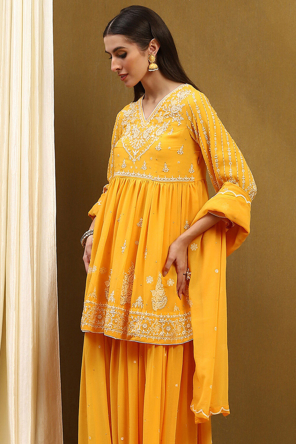 Yellow Georgette Gathered Suit Set image number 7