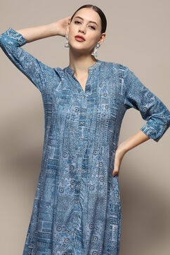 Blue Gathered Printed Straight Kurta image number 1
