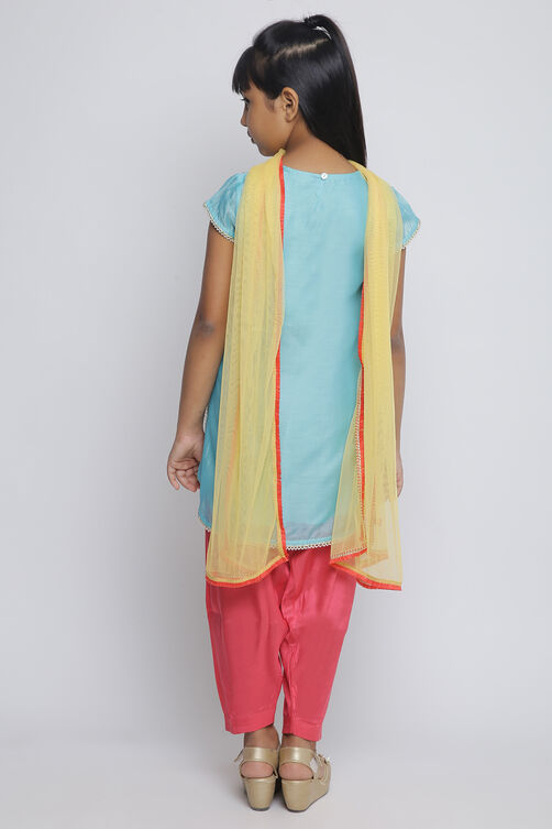 Turquoise Poly Cotton Straight Kurta Salwar Suit Set image number 4