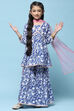 Blue Printed Cotton Peplum Kurta & Garara With Net Dupatta image number 0