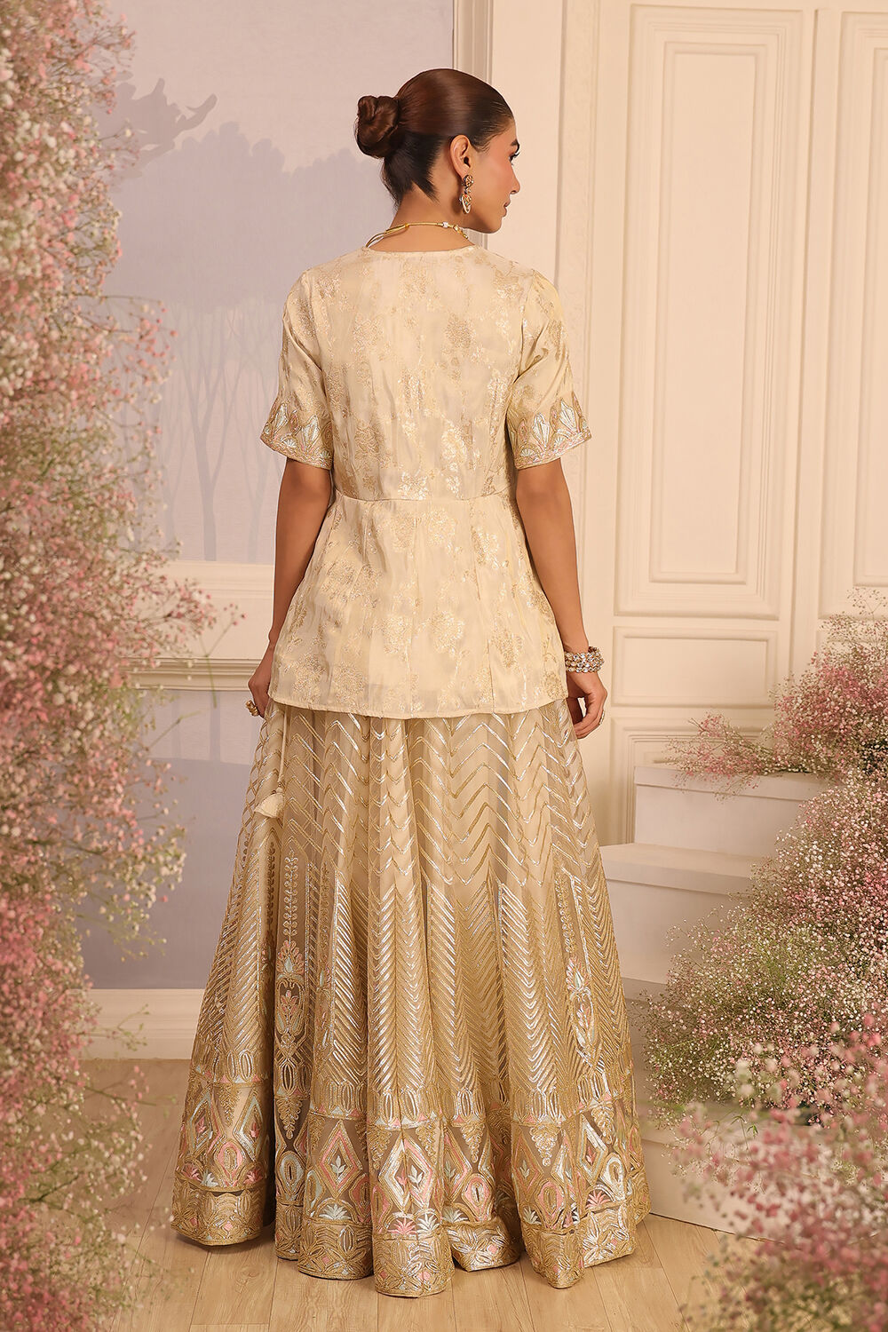 Beige Embroidered Peplum Lehenga Set image number 4