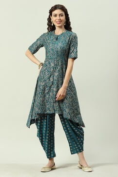 Peacock Green Printed Asymmetric Suit Set image number 0