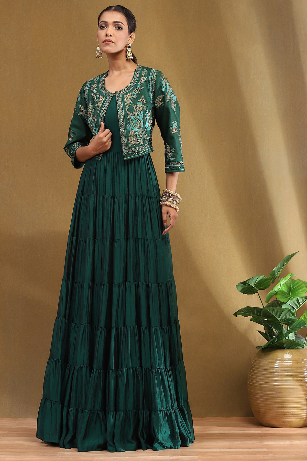 Biba by Rohit Bal Emerald Green Silk Festive Tiered Anarkali Dress