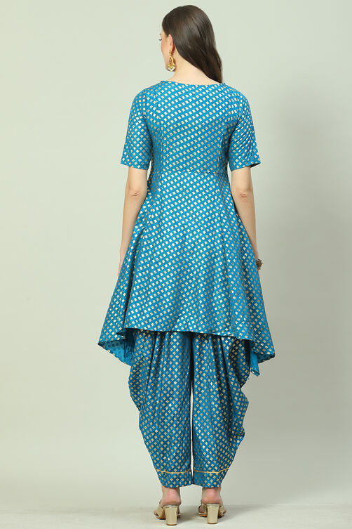 Blue Printed Straight Kurta Dhoti Salwar Suit Set image number 4