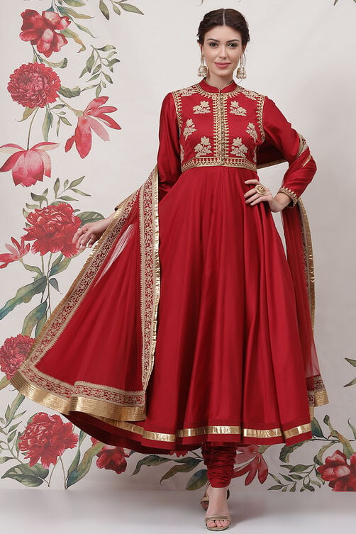 Rohit Bal Red Cotton Silk Anarkali Yarndyed Suit Set image number 0