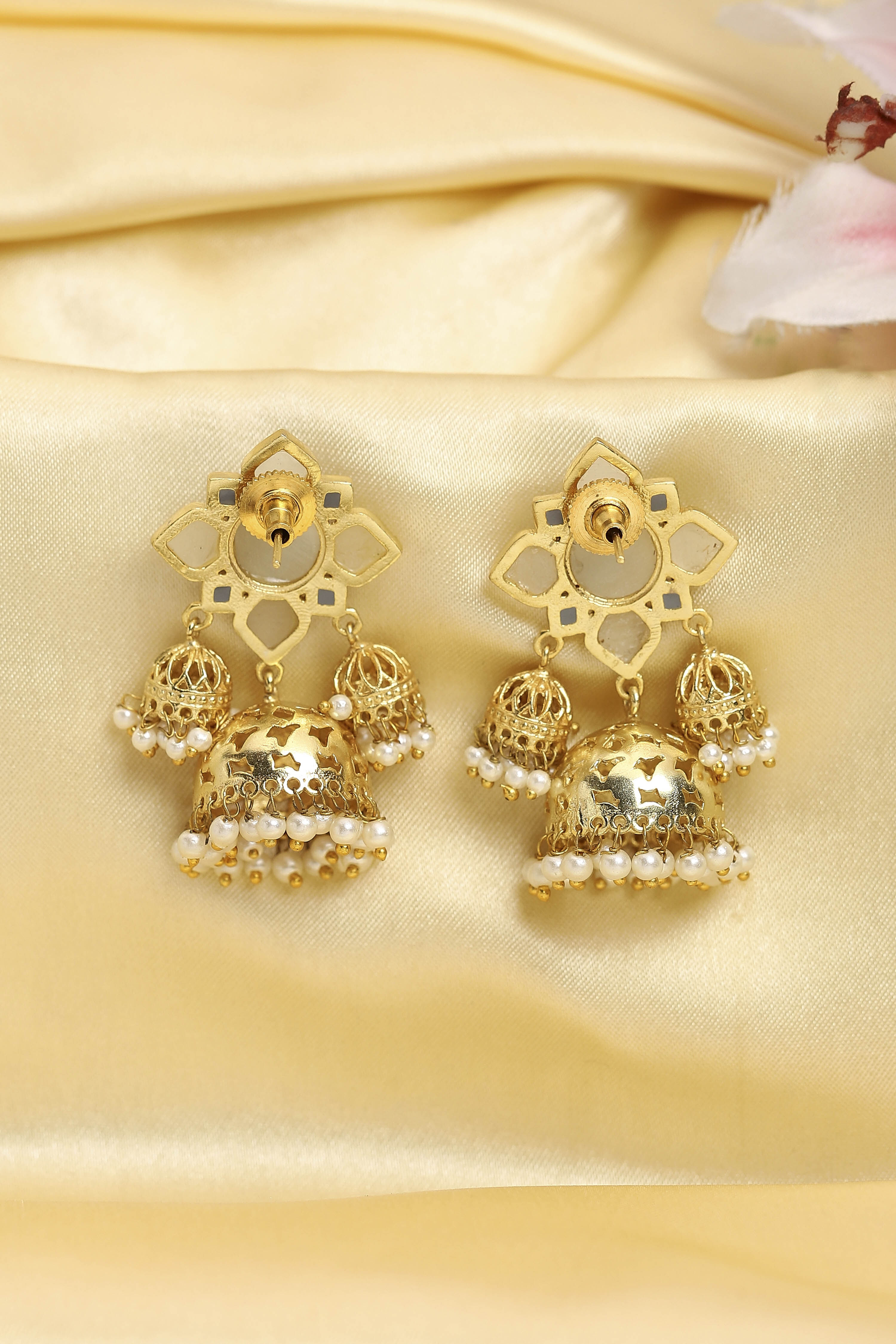 Gold Plated Brass Pearl Dangler Jhumkas image number 2
