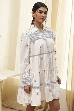 Off-White and Blue Cotton Floral Tiered Dress image number 1
