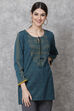 Teal Straight Poly Metallic Short s Yarndyed Kurti image number 0