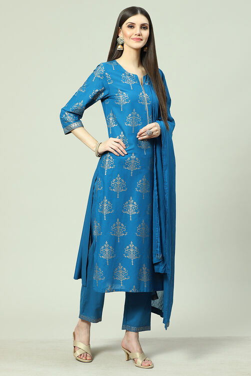 Royal Blue Cotton Straight Kurta Regular Pant Suit Set