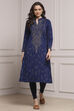 Navy Blue Yarn-Dyed Printed Straight Winter Kurta image number 0
