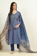 Dark Blue Cotton Floral Handloom Unstitched Suit Set image number 1
