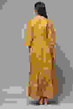 Golden Yellow Cotton Blend Tiered Printed Dress image number 2