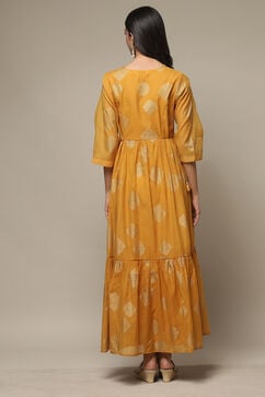 Golden Yellow Cotton Blend Tiered Printed Dress image number 2