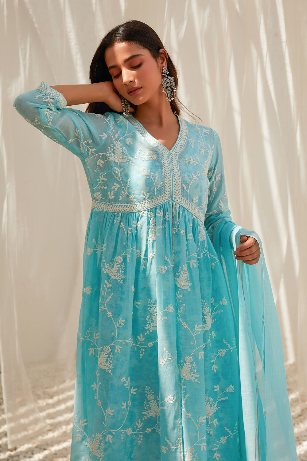 Aqua Cotton Gathered Kurta & Palazzo Suit Set image number 5