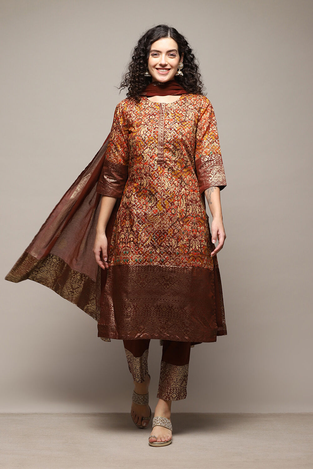 Choco Brown Cotton Blend Straight Printed Kurta Afgan Pant Suit Set image number 0