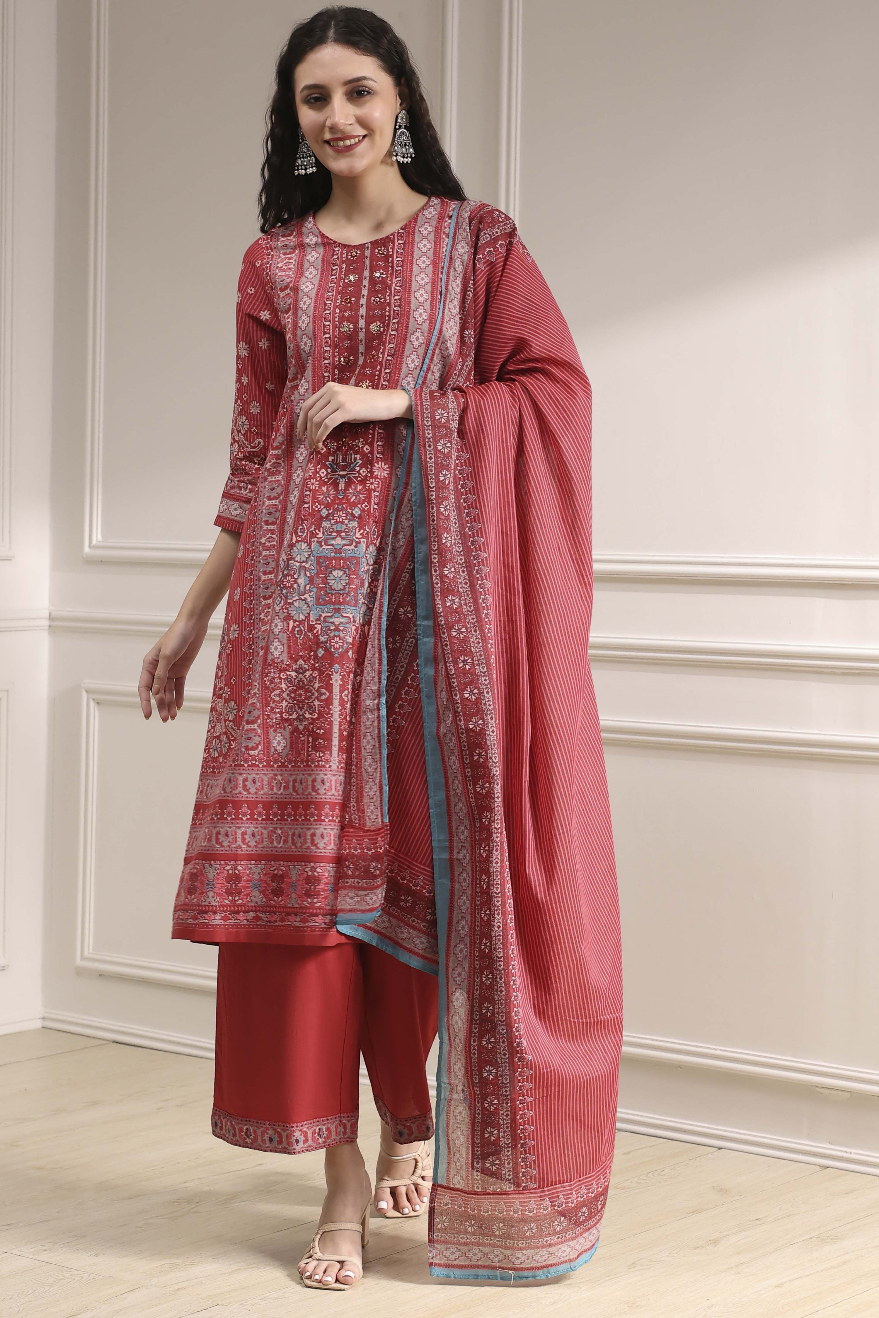 Grey Cotton Printed Straight Suit Set image number 6