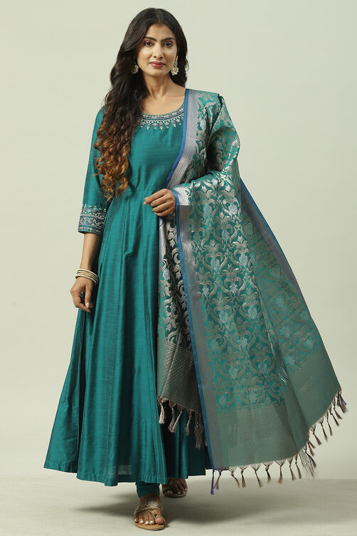 Teal Poly Viscose Anarkali Kurta Churidar Suit Set image number 7