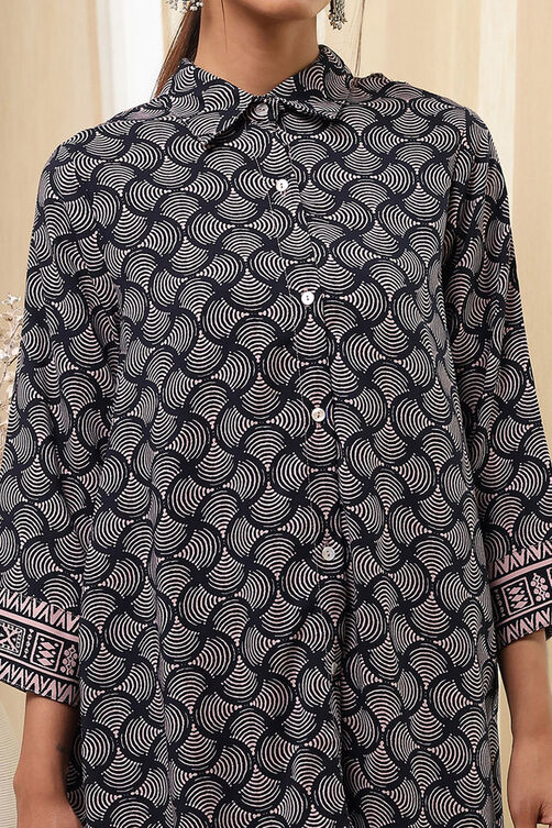 Black Printed Shirt-Style Straight Co-ord Set image number 1