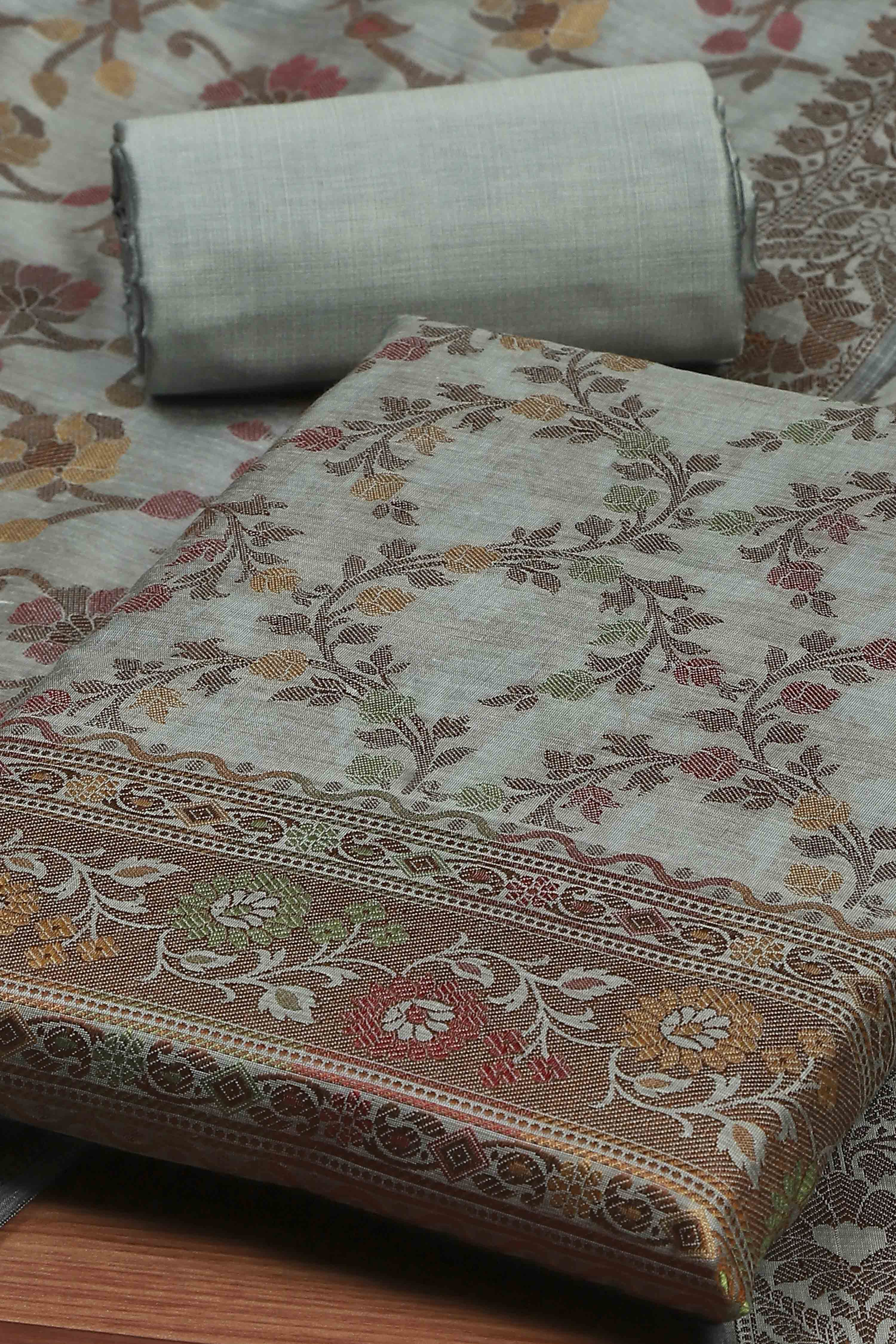 Grey Cotton Printed Embroidered Unstitched Suit Set image number 1