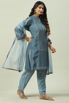 Sky Blue Printed Straight Kurta Salwar Suit Set image number 6
