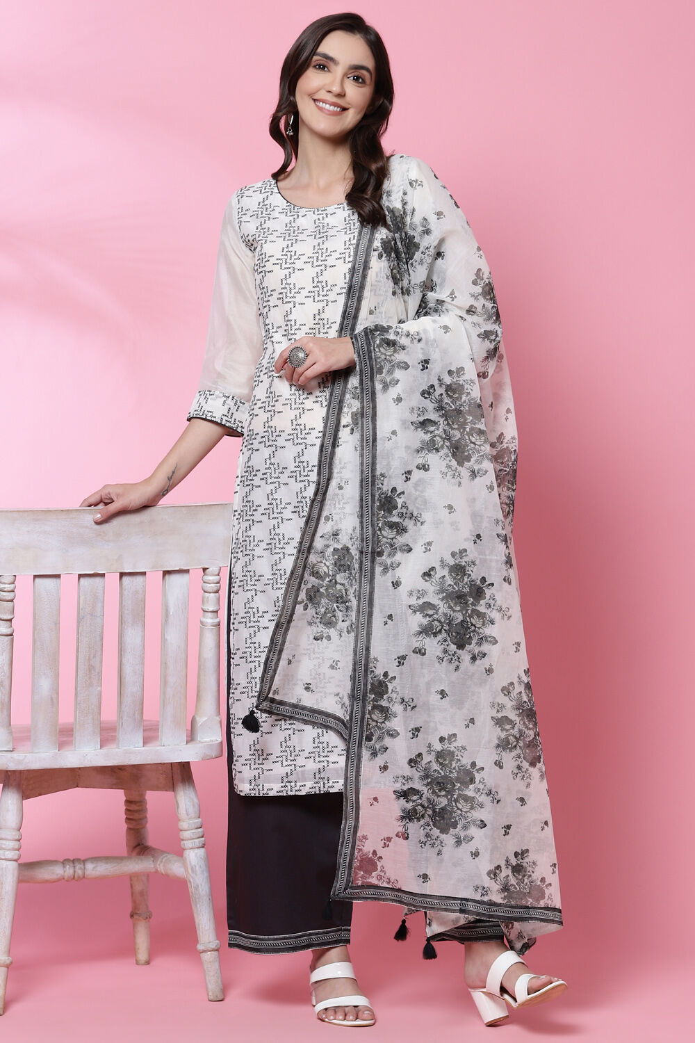 Ivory Black Cotton Straight Kurta Palazzo Suit Set image number 7