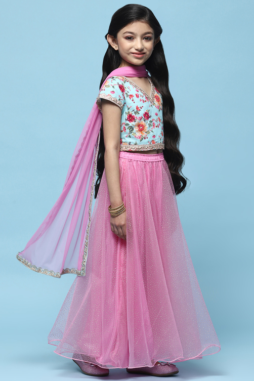 Blue Cotton Printed Blouse With Net Lehenga & Net Dupatta image number 6