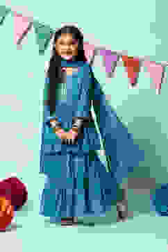 Teal Blue Cotton Flared Printed Kurta Garara Suit Set image number 5