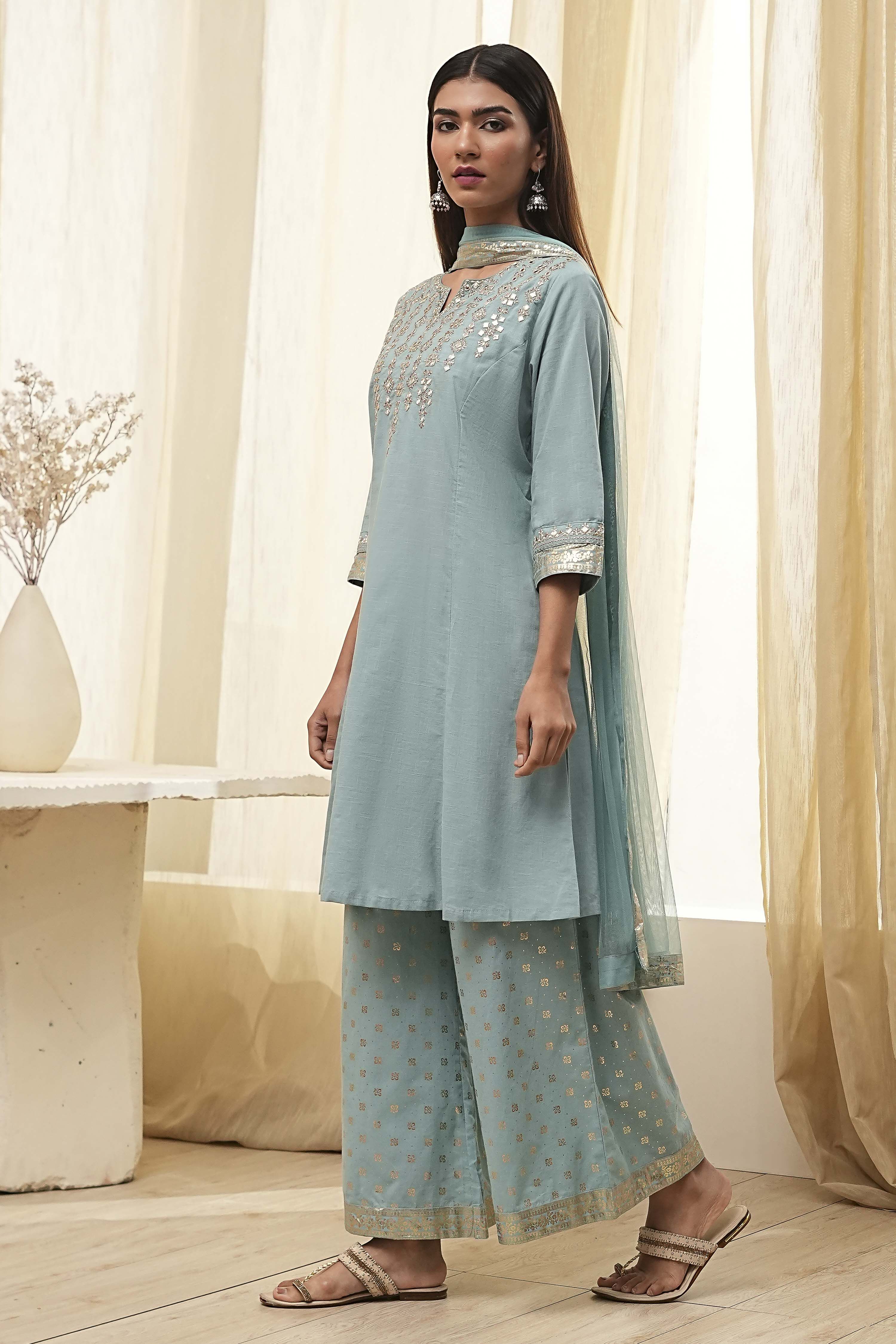 Dull Blue Cotton Embroidered Kalidar Suit Set image number 3