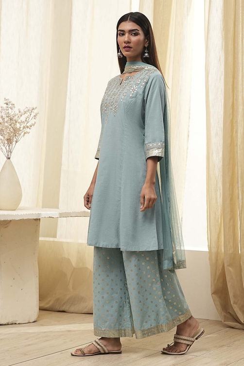 Dull Blue Cotton Embroidered Kalidar Suit Set image number 3