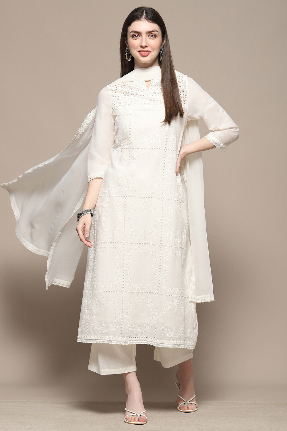 Off White Cotton Anarkali Suit Set at Biba India