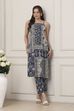 Blue Cotton Panelled Ethnic Motif Printed Straight Suit Set