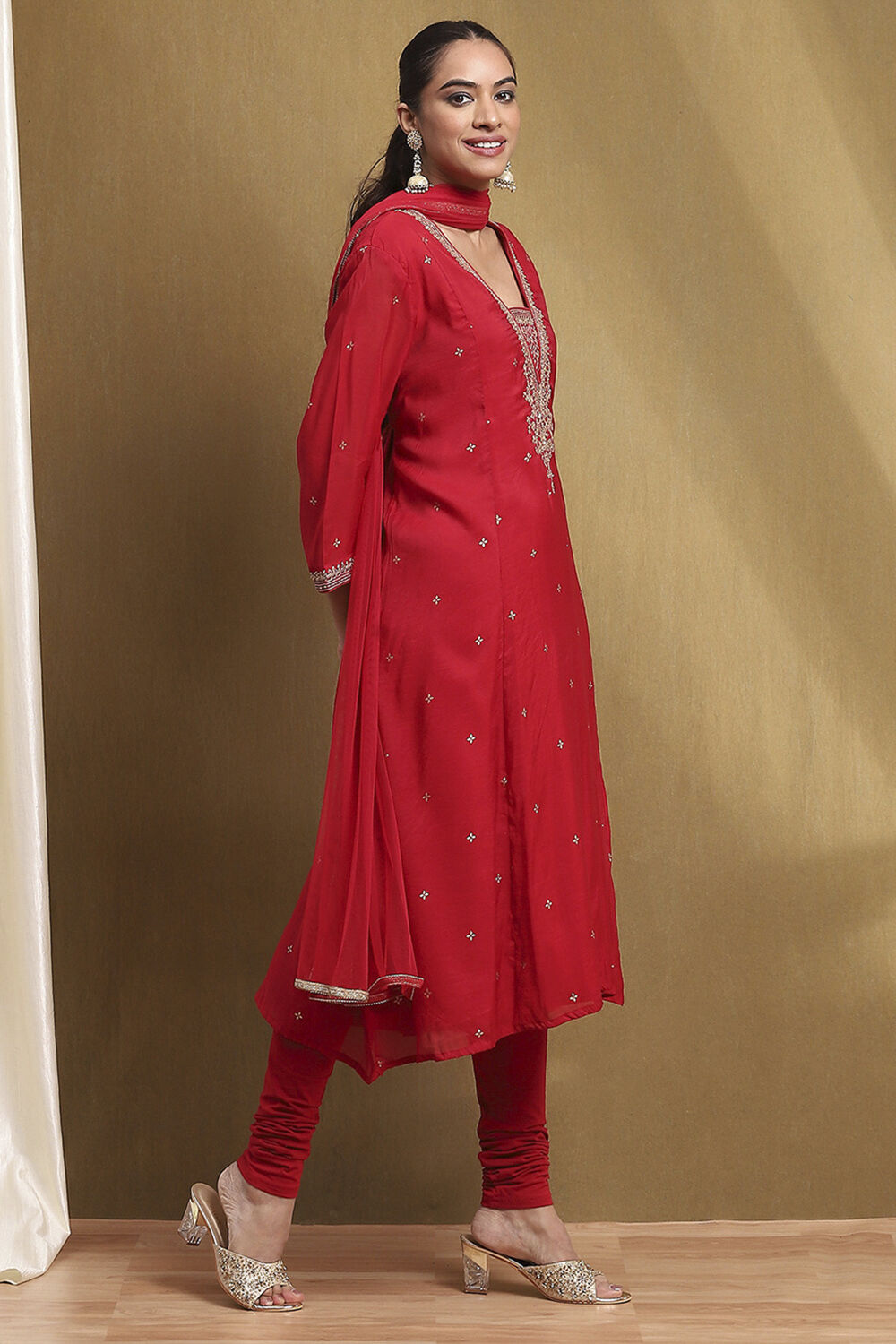 Red Embroidered Festive Kalidar Suit Set image number 5