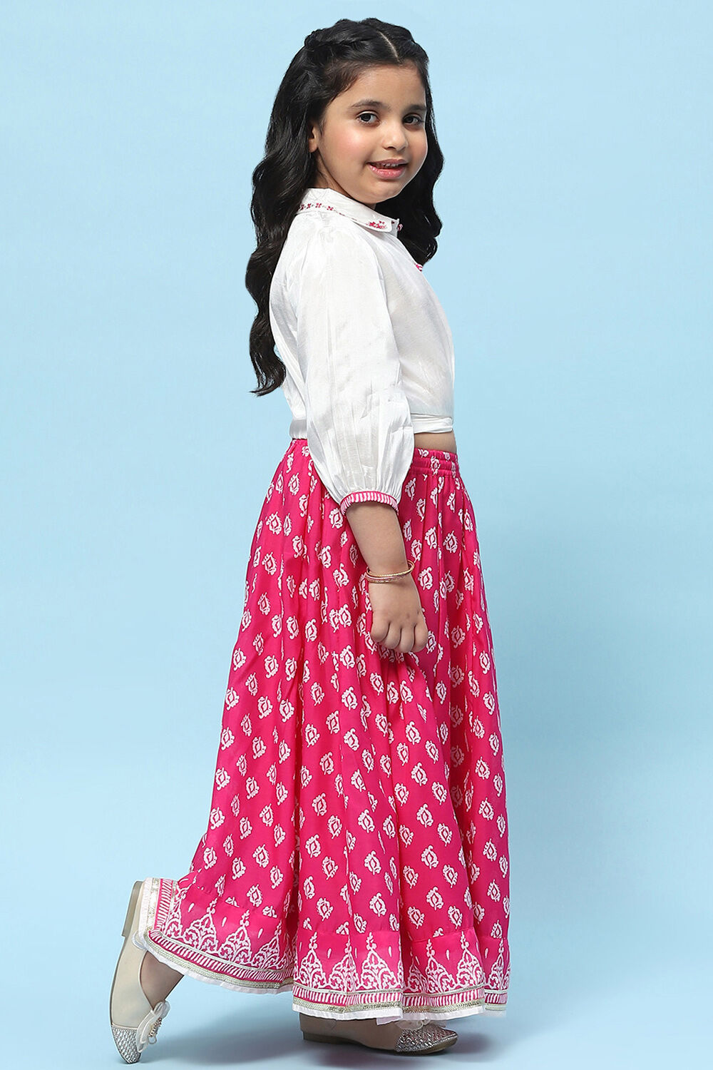 White Shirt Style Top teamed with Pink printed Lehenga Set image number 5