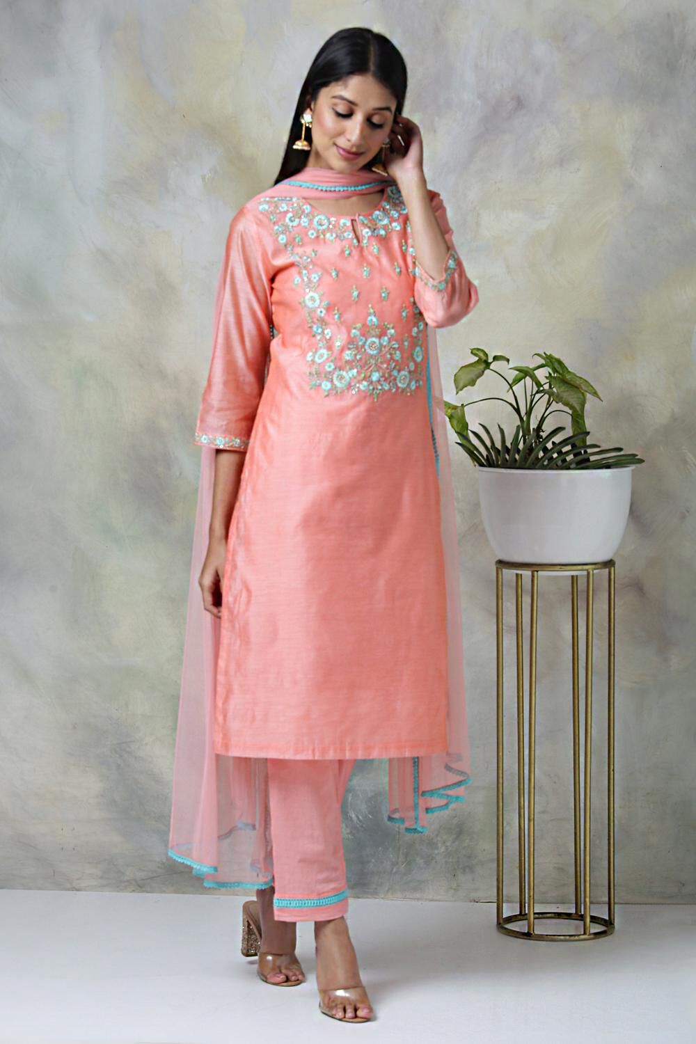 Peach Cotton Blend A-Line Kurta Pants Suit Set image number 7