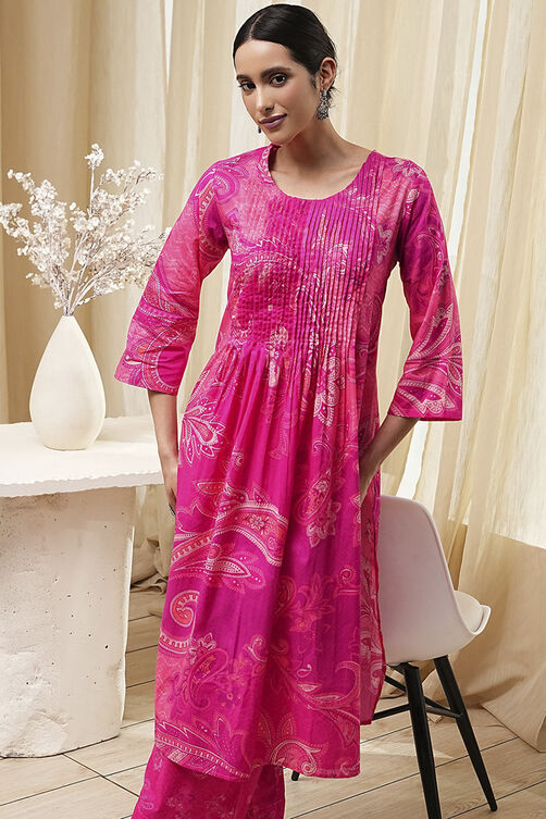 Pink Cotton Printed Pleated Kurta Set image number 7