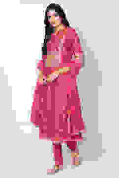 Coral Cotton Blend Flared Kurta Churidar Suit Set image number 4