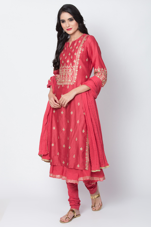 Coral Cotton Blend Flared Kurta Churidar Suit Set image number 4