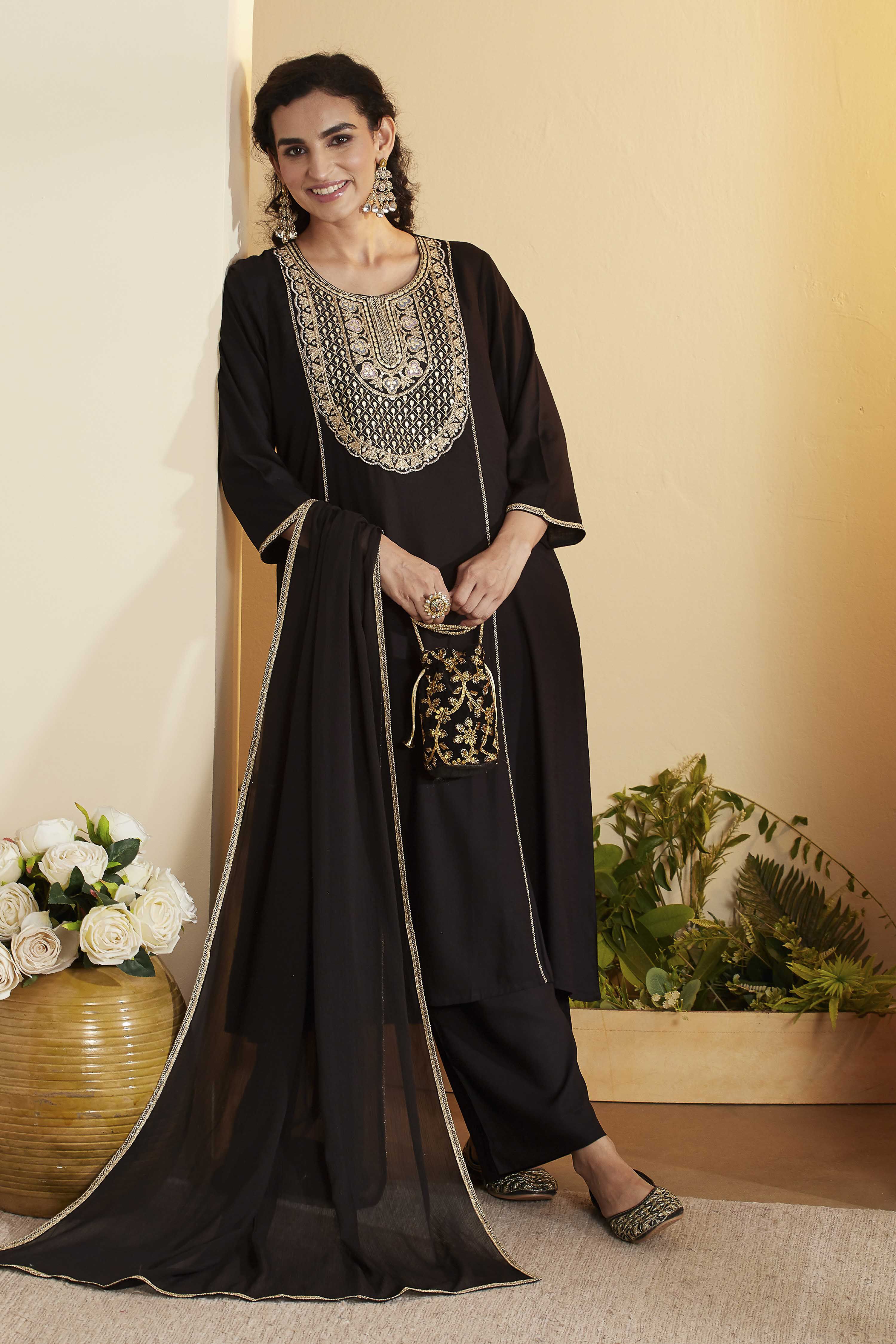 Black Viscose Rayon Solid Suit Set image number 0