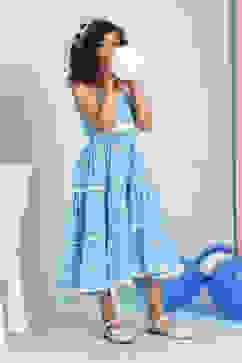 Blue Cotton Schiffli Strappy Tiered Dress image number 4