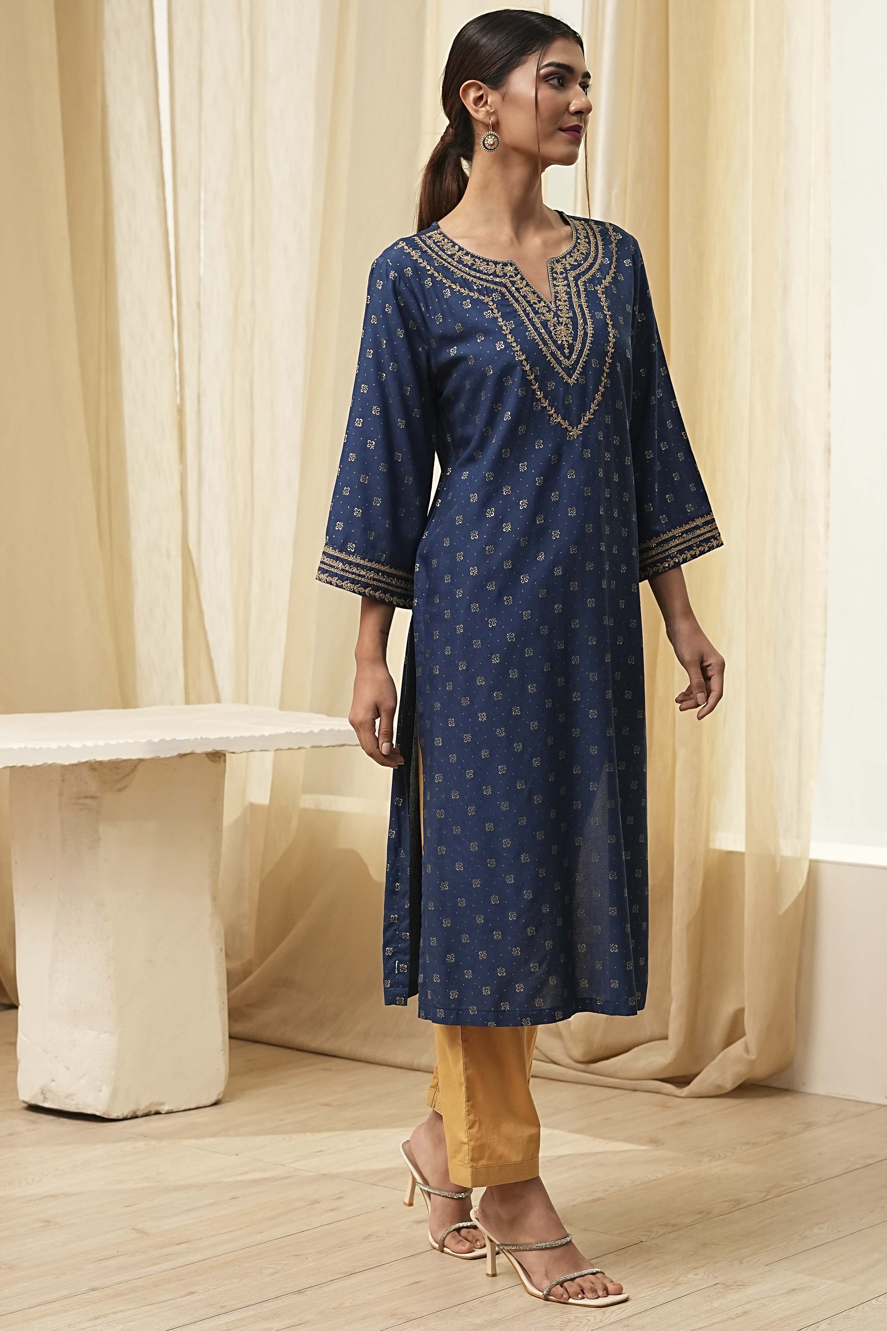 Blue Printed Straight Kurta image number 4