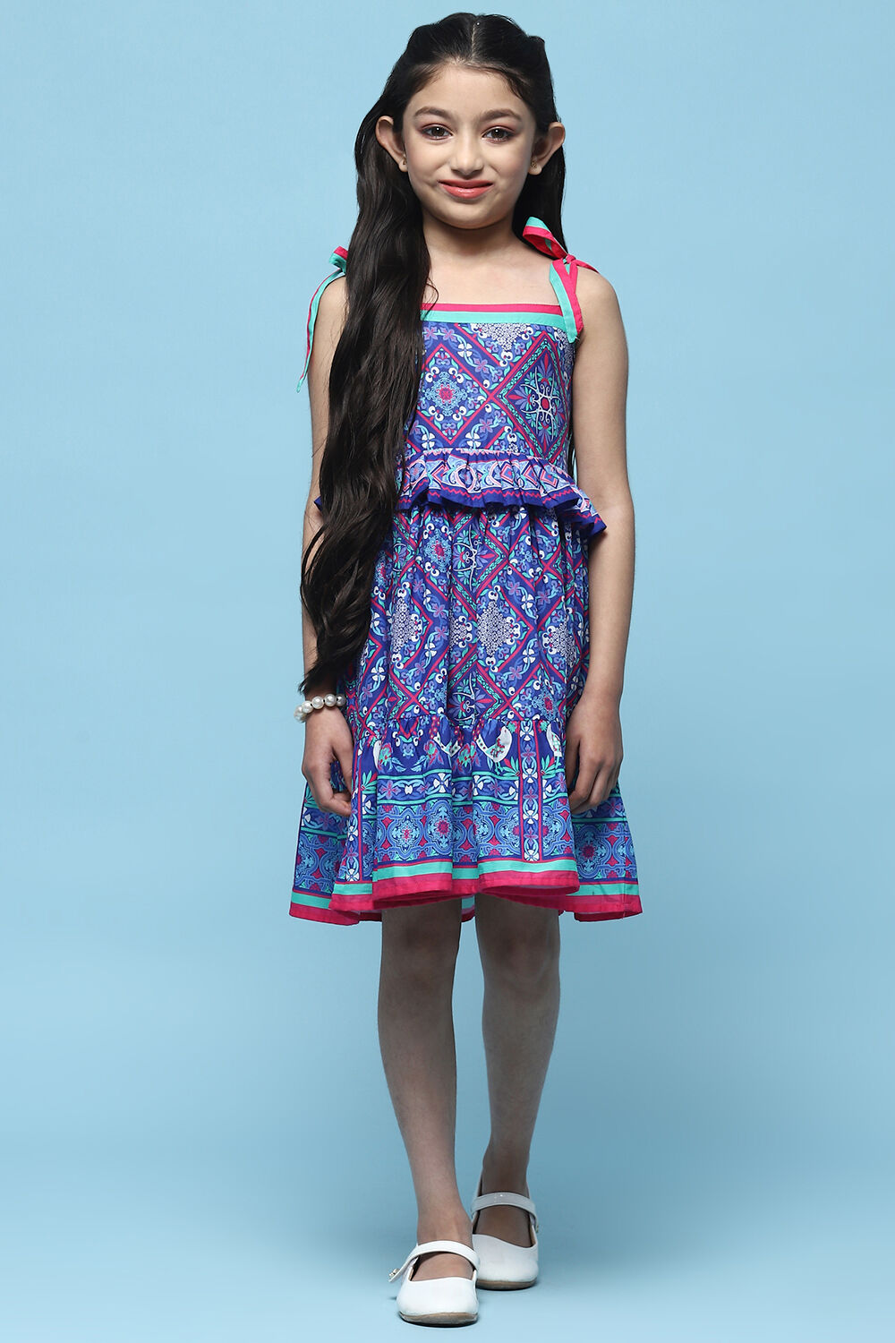 Blue Mosaic Printed Cotton Shoulder Tie Up Dress image number 5