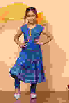 Blue Cotton Printed Tiered Festive Flared Suit Set image number 6