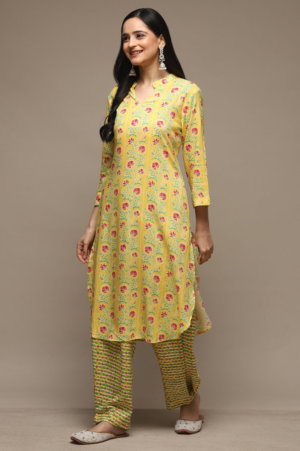 Yellow Rayon Straight Kurta Pants Suit Set image number 3