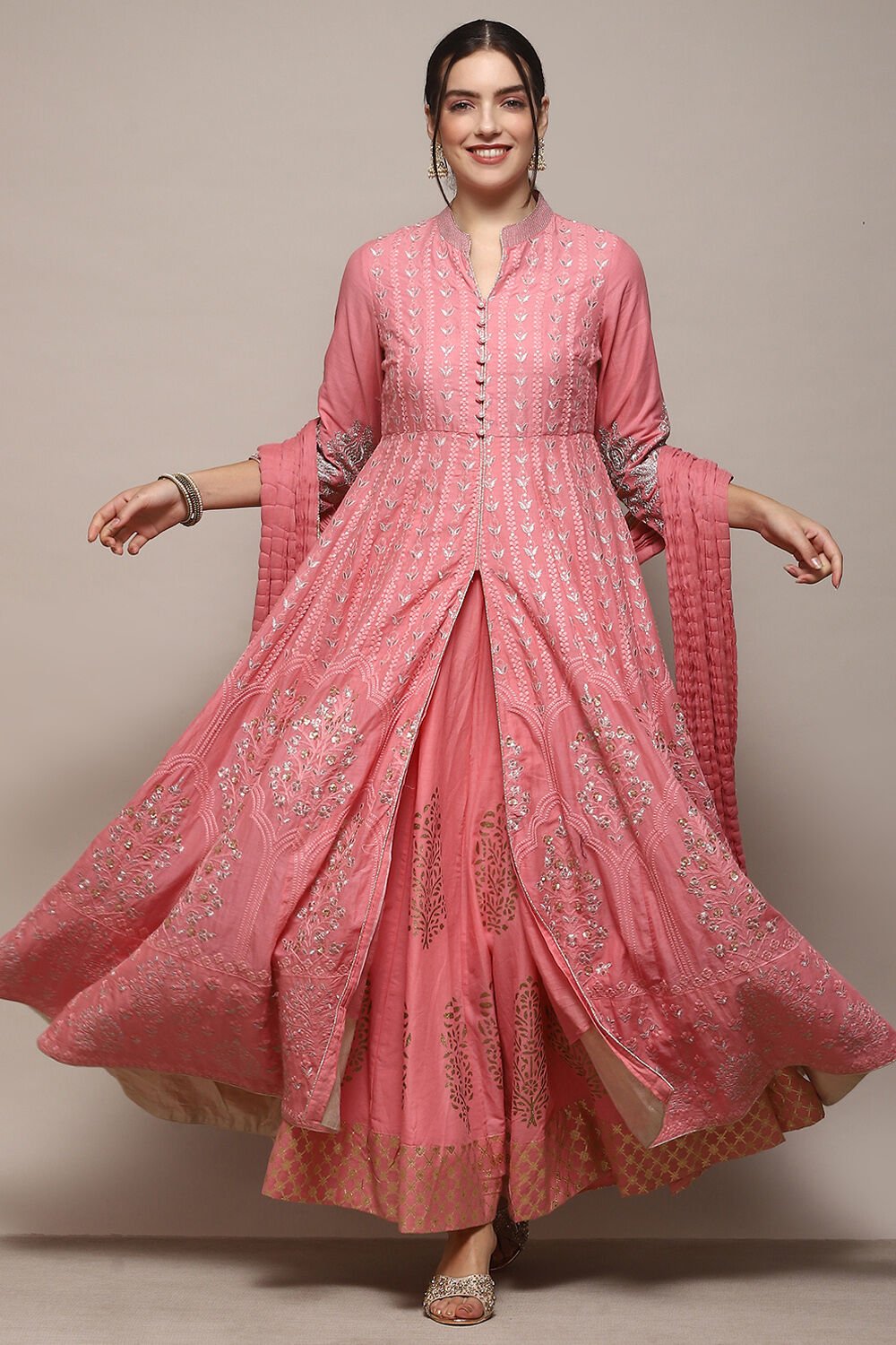 Blush Pink Cotton Anarkali Kurta Lehenga Set
