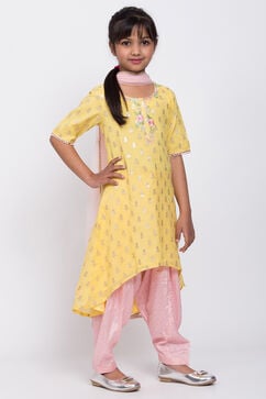 Yellow Poly Cotton A-Line Kurta Salwar Suit Set image number 3