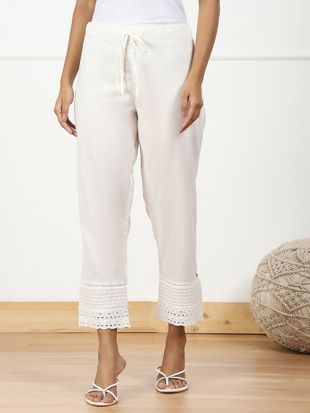 Off White Cotton Regular Pant