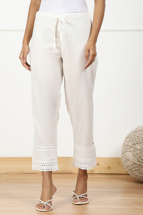 Off White Cotton Regular Pant - Main Image