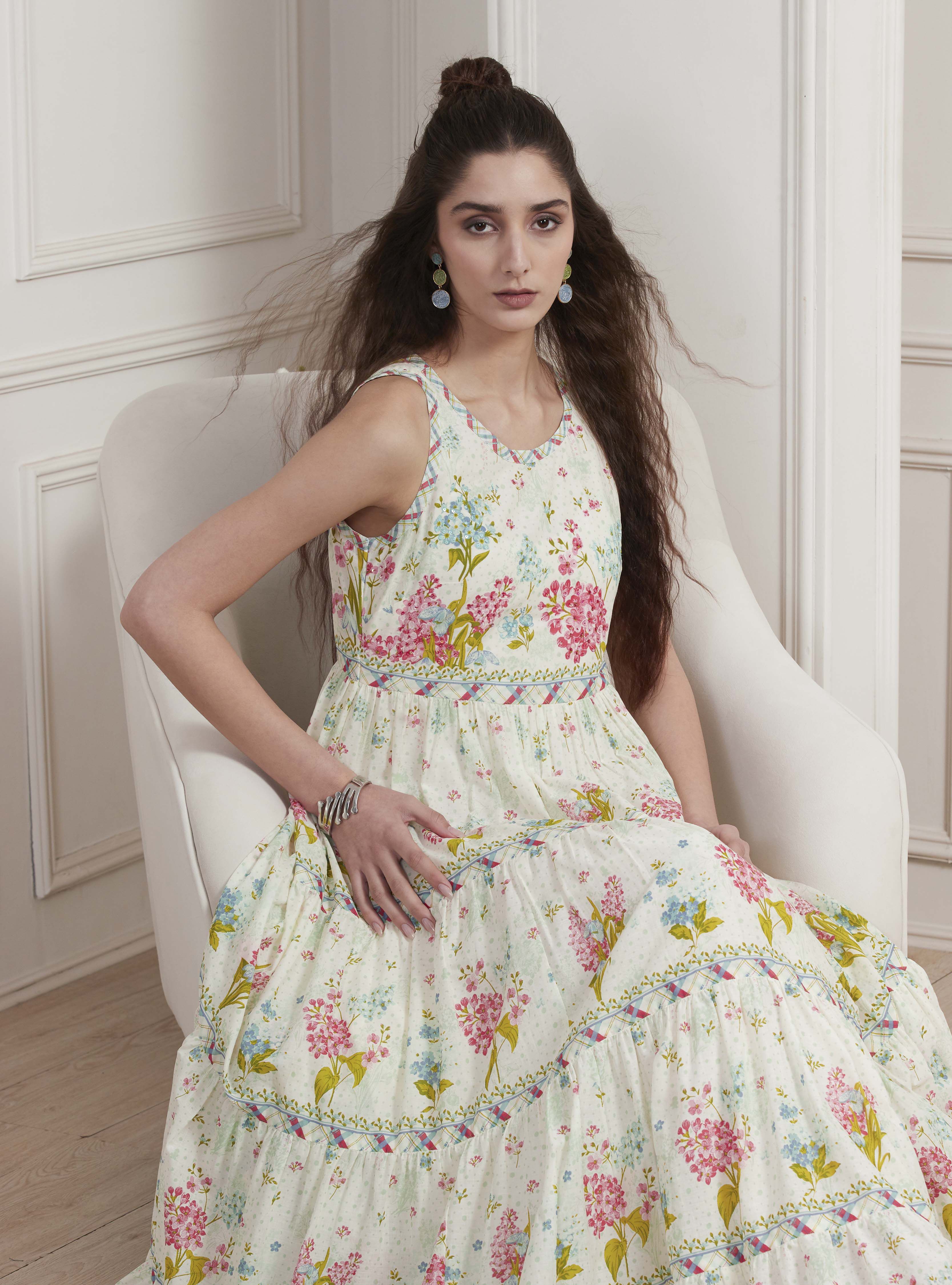 Off-White Cotton Printed Tiered Dress image number 6